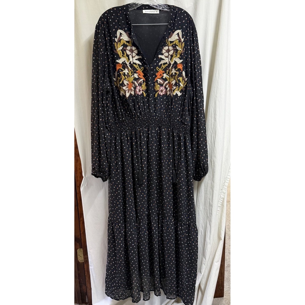 Rusttydustty Boho Floral Embroidered Smocked Polka Dot Maxi Dress Black 4XL